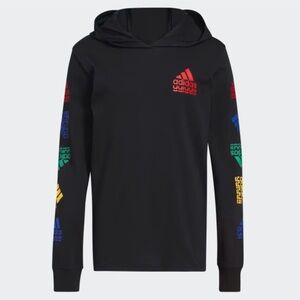 Adidas Men's Black Long Sleeve Hoodie Shirt with Colorful Sleeve Logos